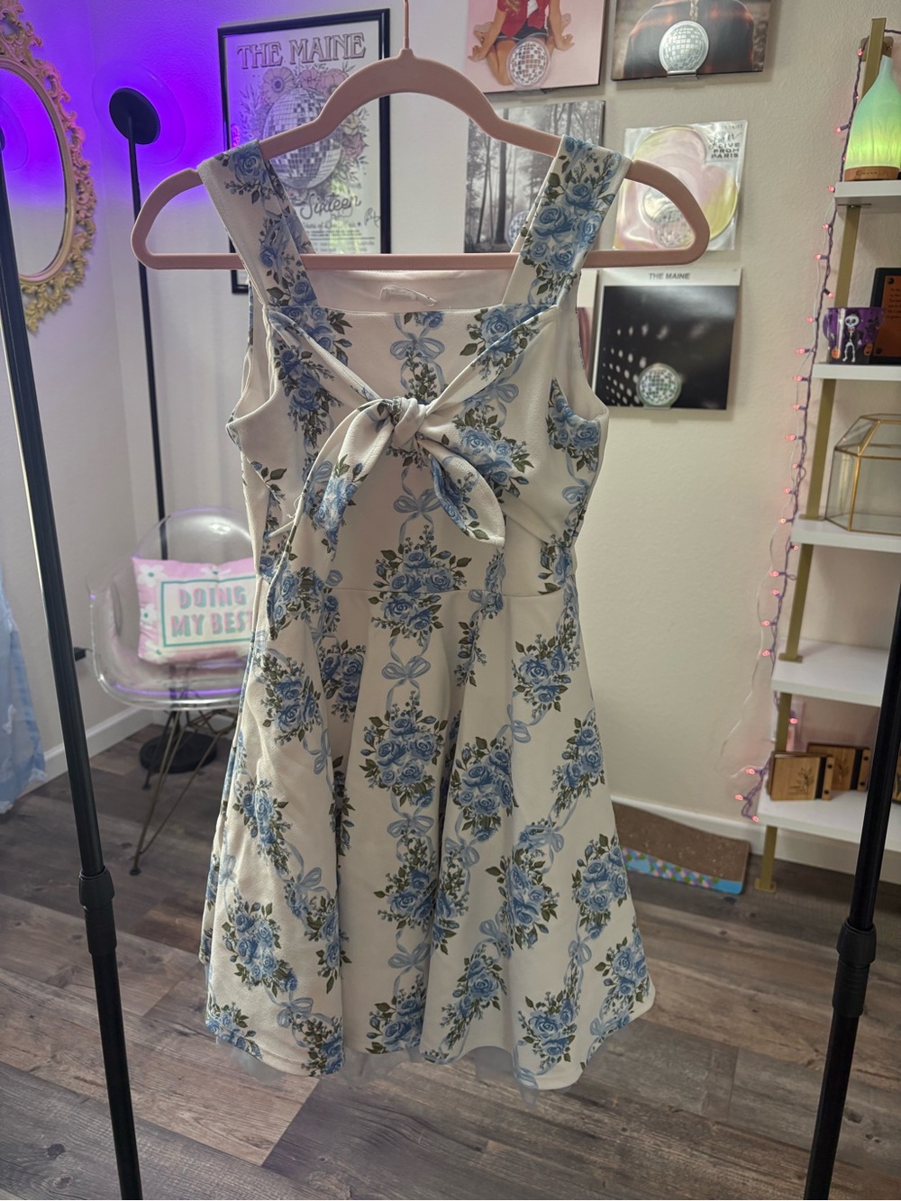 Girls White Dress with Blue Floral Print and Front Tie